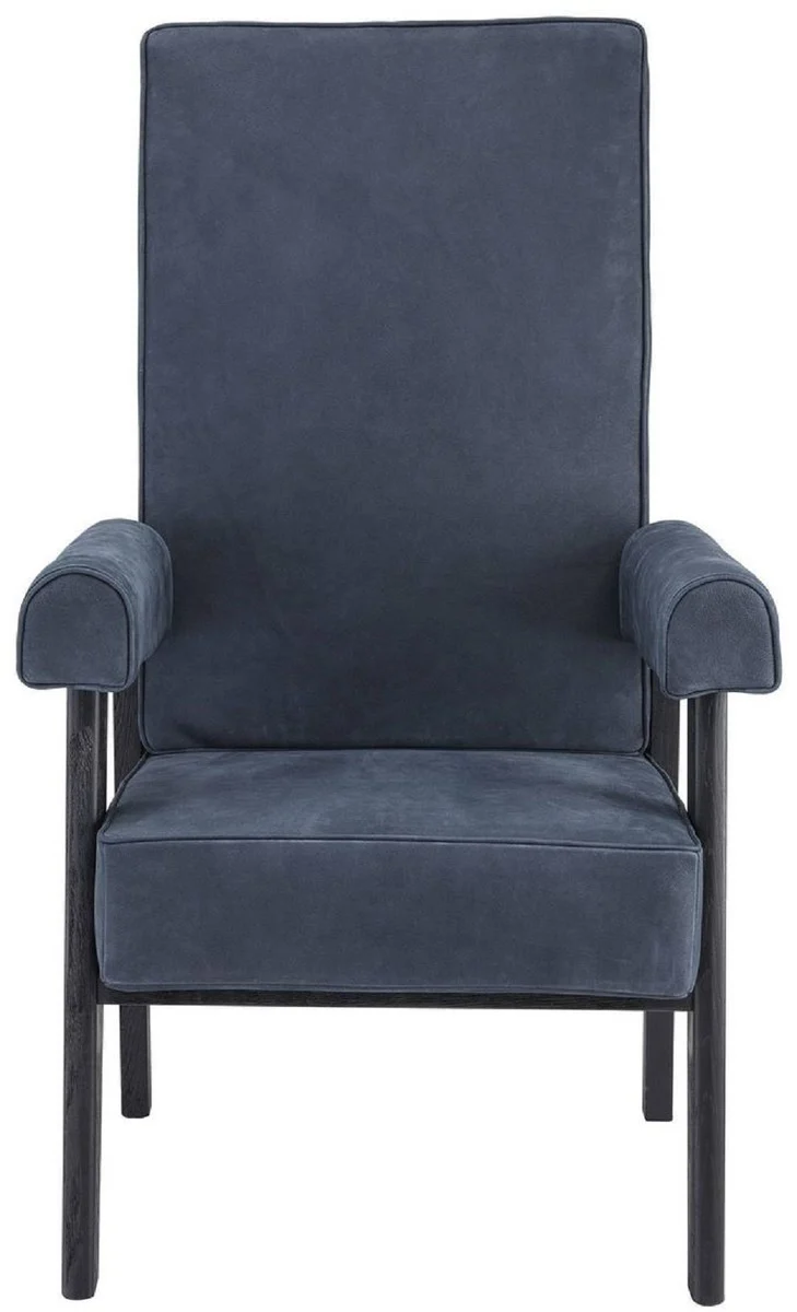 Casa Padrino Luxus Echtleder Hochlehnsessel Blau / Schwarz 70 x 78 x H. 123 cm - Wohnzimmer Sessel mit edlem Büffelleder - Luxus Möbel