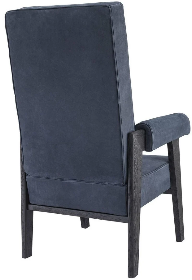 Casa Padrino Luxus Echtleder Hochlehnsessel Blau / Schwarz 70 x 78 x H. 123 cm - Wohnzimmer Sessel mit edlem Büffelleder - Luxus Möbel