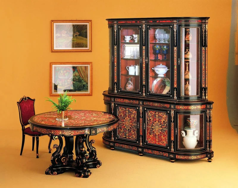 Casa Padrino Luxus Barock Boulle Esszimmerschrank Schwarz / Rot / Gold 228 x 49 x H. 237 cm - Handgefertigter Massivholz Schrank - Barock Esszimmer Küchen Möbel - Edel & Prunkvoll