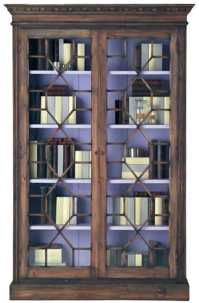 Casa Padrino Luxus Landhausstil Bücherschrank Braun / Lila 138 x 42 x H. 214 cm - Handgefertigter Massivholz Schrank mit 2 Glastüren - Vitrine - Vitrinenschrank - Edle Landhausstil Massivholz Möbel