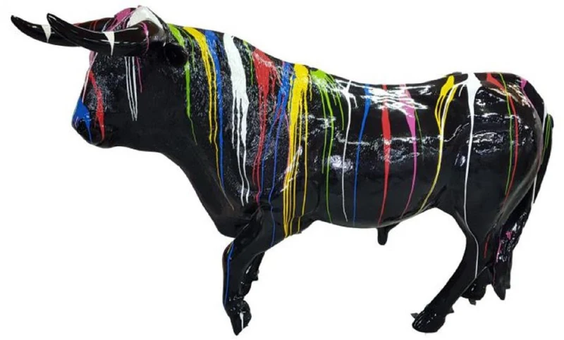 Casa Padrino Designer Deko Skulptur Stier Schwarz / Mehrfarbig 240 x H. 150 cm - Riesige Lebensgroße Wetterbeständige Dekofigur - Garten Deko Accessoires