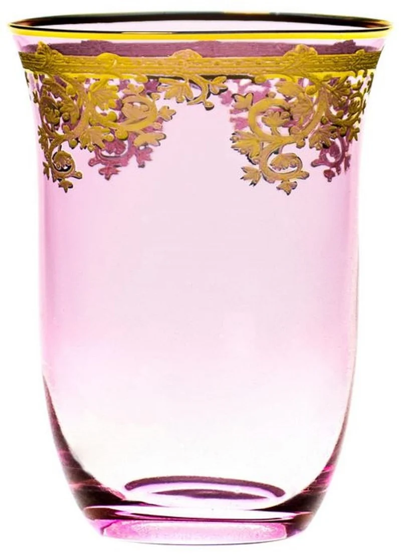 Casa Padrino Luxus Barock Wasserglas 6er Set Rosa / Gold Ø 9 x H. 12 cm - Handgefertigte und handbemalte Wassergläser - Biergläser - Weingläser - Hotel & Restaurant Accessoires - Luxus Qualität