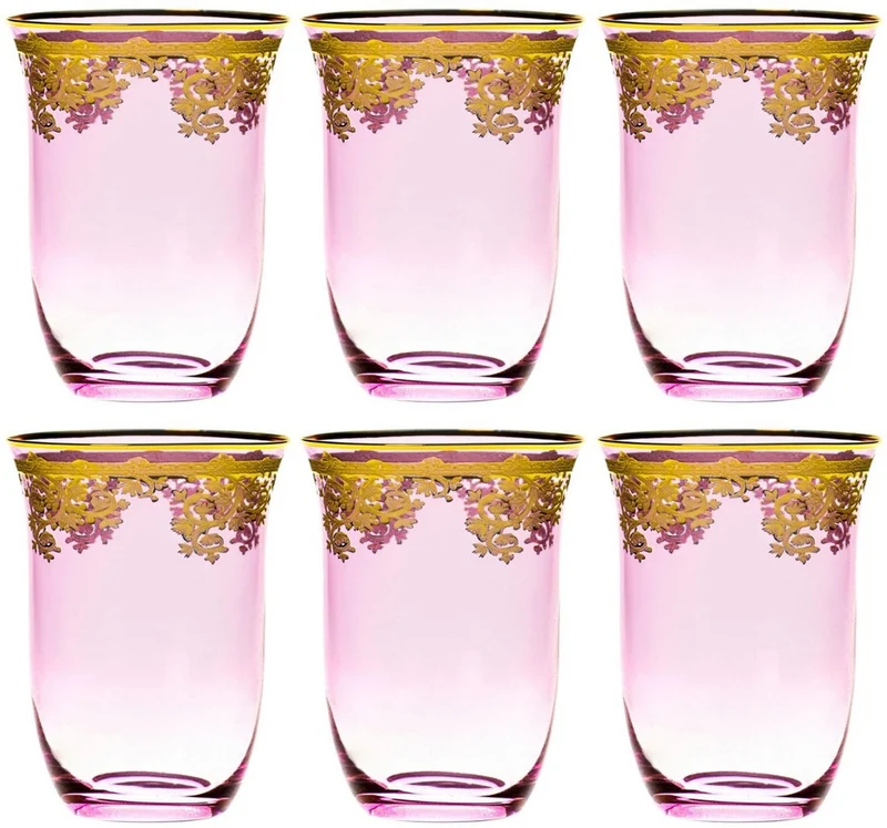 Casa Padrino Luxus Barock Wasserglas 6er Set Rosa / Gold Ø 9 x H. 12 cm - Handgefertigte und handbemalte Wassergläser - Biergläser - Weingläser - Hotel & Restaurant Accessoires - Luxus Qualität