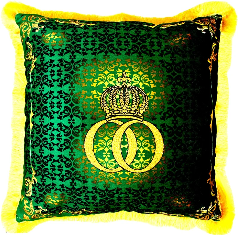 Harald Glööckler Luxus Deko Kissen Pompöös by Casa Padrino Barock Muster Grün / Gold 50 x 50 cm - Glööckler Kissen mit Glitzersteinen