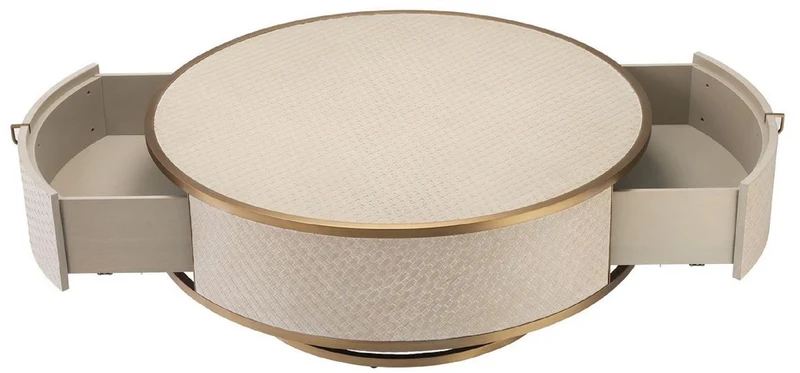 Casa Padrino Luxus Couchtisch Beige / Messingfarben Ø 100 x H. 40,5 cm - Runder Wohnzimmertisch mit 2 Schubladen - Luxus Wohnzimmer Möbel