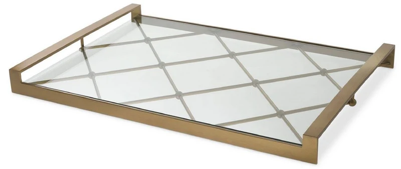 Casa Padrino Luxus Serviertablett Messingfarben 48 x 34 x H. 4 cm - Edelstahl Tablett mit gehärteter Glasplatte - Gastronomie Accessoires - Luxus Qualität