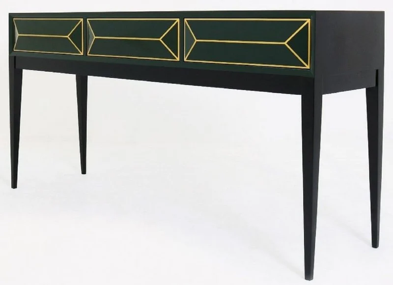 Casa Padrino Luxus Art Deco Konsole Schwarz / Grün / Gold 180 x 49 x H. 92 cm - Massivholz Konsolentisch mit 3 Schubladen in 3D Optik - Art Deco Möbel