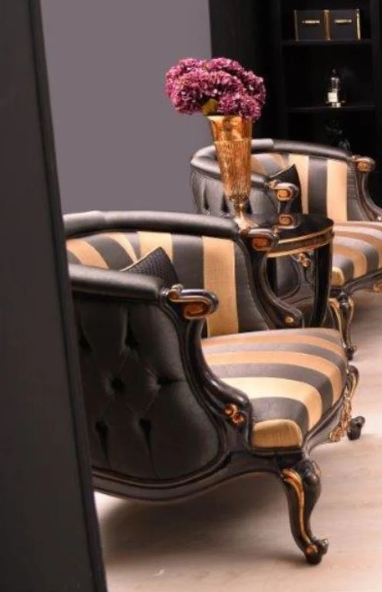 Casa Padrino Luxus Barock Sessel Schwarz / Gold 85 x 85 x H. 85 cm - Wohnzimmer Sessel mit Streifen - Prunkvolle Barock Wohnzimmer Möbel