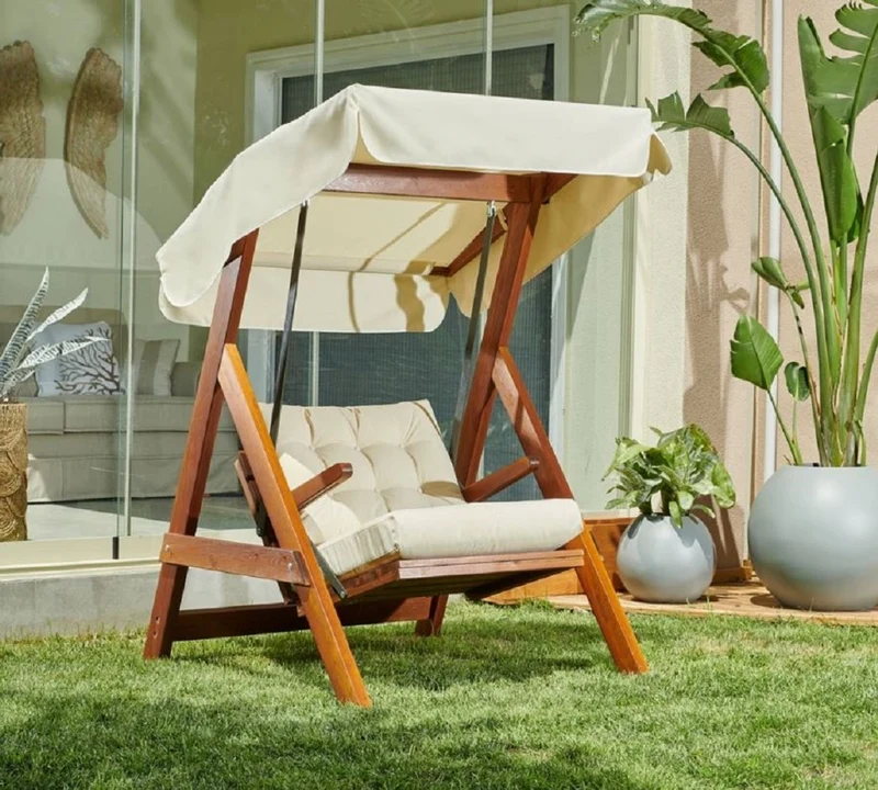 Casa Padrino Luxus Hollywood Schaukel Cremefarben / Braun - Moderne Wetterfeste Garten Schaukel mit Sonnendach - Terrassen Möbel - Garten Möbel - Luxus Kollektion