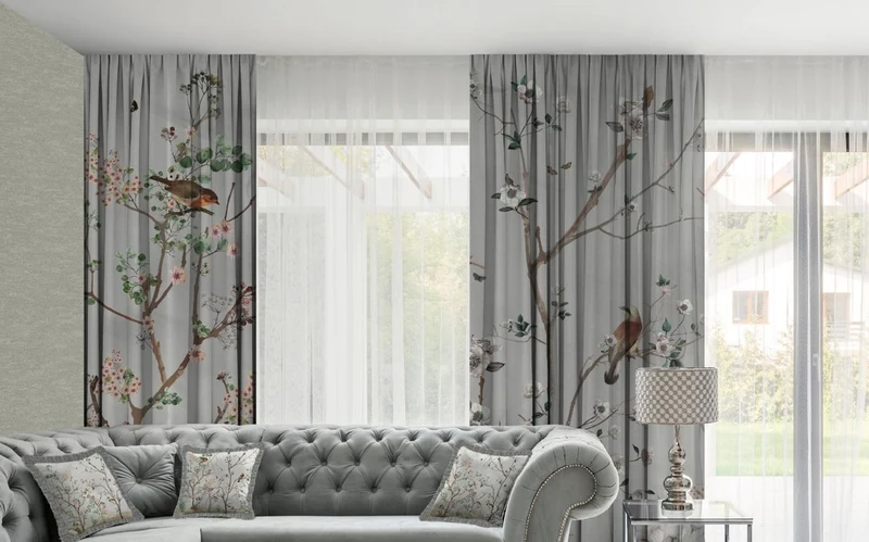 Casa Padrino Luxus Vorhang Set Pflanzen & Vögel Grau / Mehrfarbig 250 x H. 290 cm - Bedruckte Leinen & Samt Vorhänge - Ösenvorhänge - Schiebevorhänge - Luxus Deko Accessoires