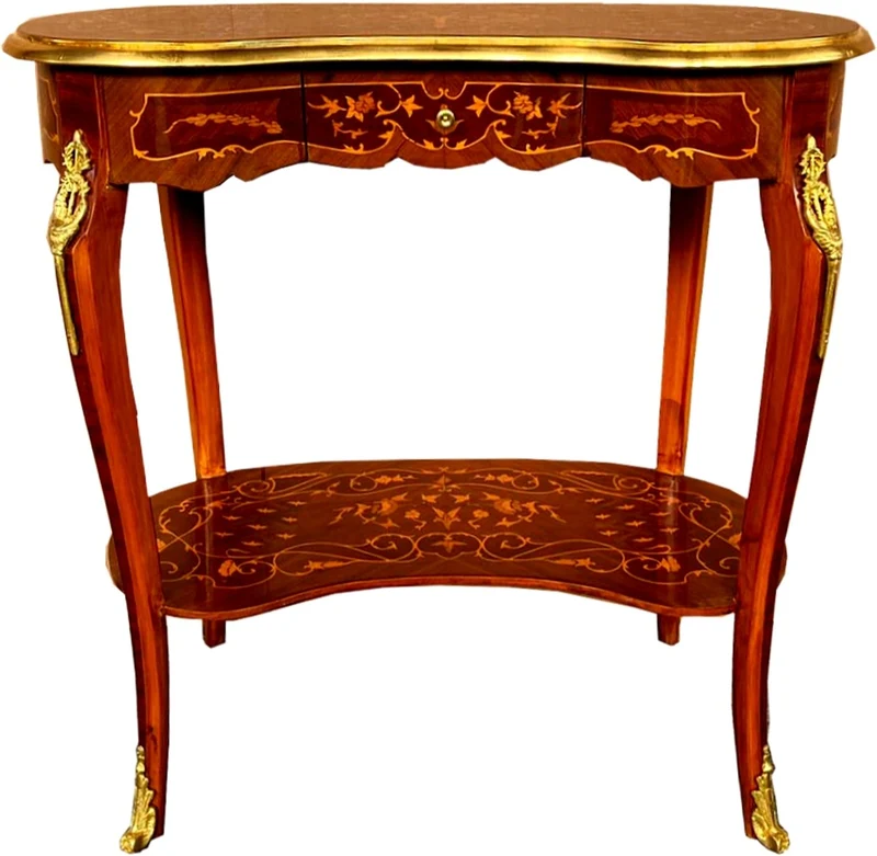 Casa Padrino Barock Beistelltisch mit Schublade Braun Intarsien / Gold - Antik Stil Konsole Kommode - Telefontisch - Möbel