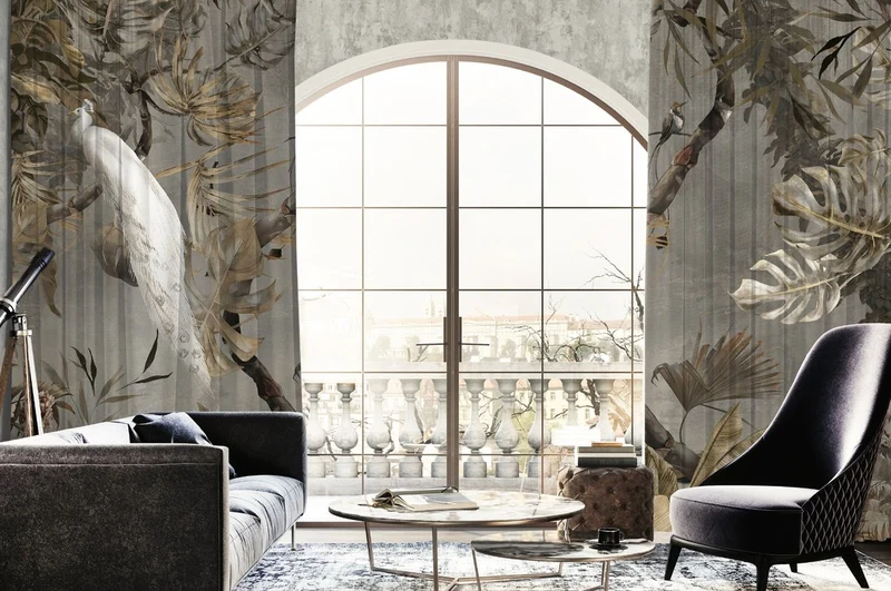 Casa Padrino Luxus Vorhang Set Weißer Pfau im Wald Grau / Mehrfarbig 250 x H. 290 cm - Bedruckte Leinen & Samt Vorhänge - Ösenvorhänge - Schiebevorhänge - Luxus Wohnzimmer Vorhänge