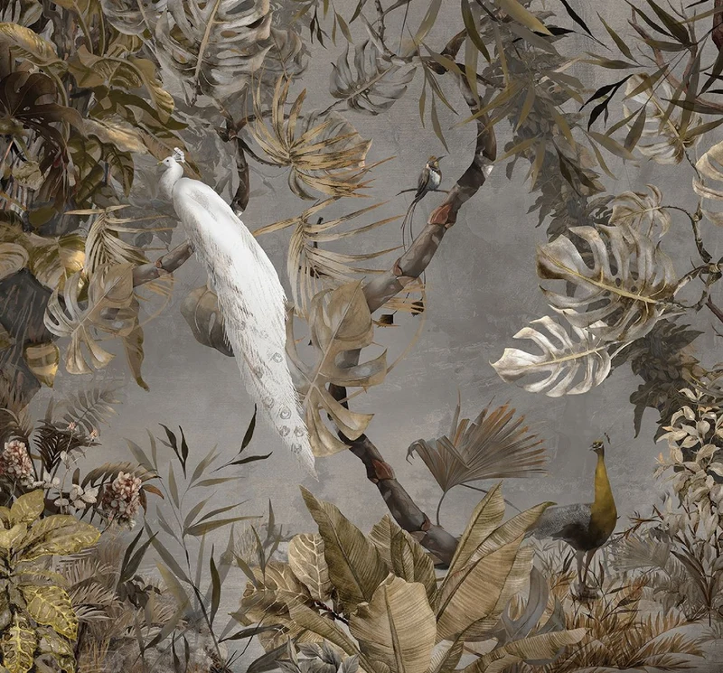 Casa Padrino Luxus Vorhang Set Weißer Pfau im Wald Grau / Mehrfarbig 250 x H. 290 cm - Bedruckte Leinen & Samt Vorhänge - Ösenvorhänge - Schiebevorhänge - Luxus Wohnzimmer Vorhänge