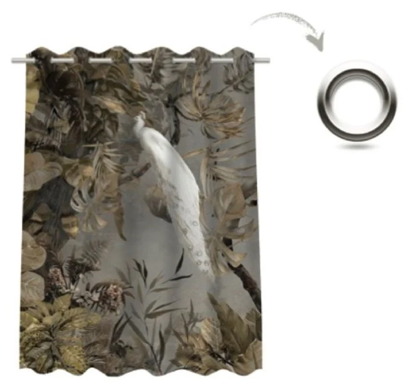 Casa Padrino Luxus Vorhang Set Weißer Pfau im Wald Grau / Mehrfarbig 250 x H. 290 cm - Bedruckte Leinen & Samt Vorhänge - Ösenvorhänge - Schiebevorhänge - Luxus Wohnzimmer Vorhänge