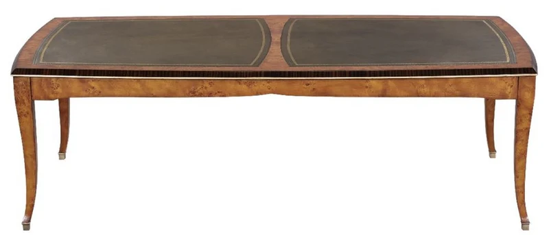 Casa Padrino Luxus Jugendstil Couchtisch Hellbraun / Braun 150 x 75 x H. 47 cm - Eleganter Massivholz Wohnzimmertisch mit hochwertigem Echtleder - Barock & Jugendstil Wohnzimmer Möbel