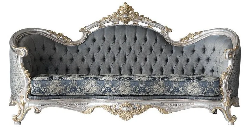 Casa Padrino Luxus Barock Wohnzimmer Sofa mit dekorativen Kissen Grau / Blau / Silber / Gold 250 x 95 x H. 125 cm - Edel & Prunkvoll