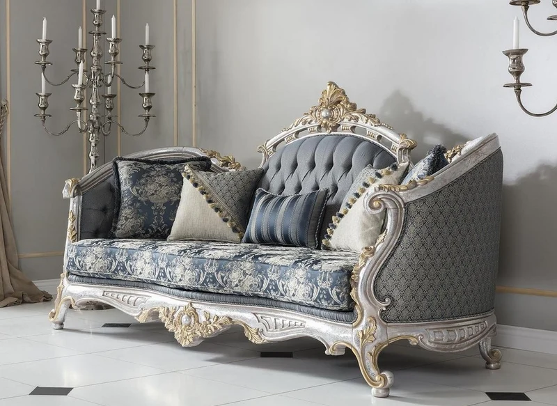Casa Padrino Luxus Barock Wohnzimmer Sofa mit dekorativen Kissen Grau / Blau / Silber / Gold 250 x 95 x H. 125 cm - Edel & Prunkvoll