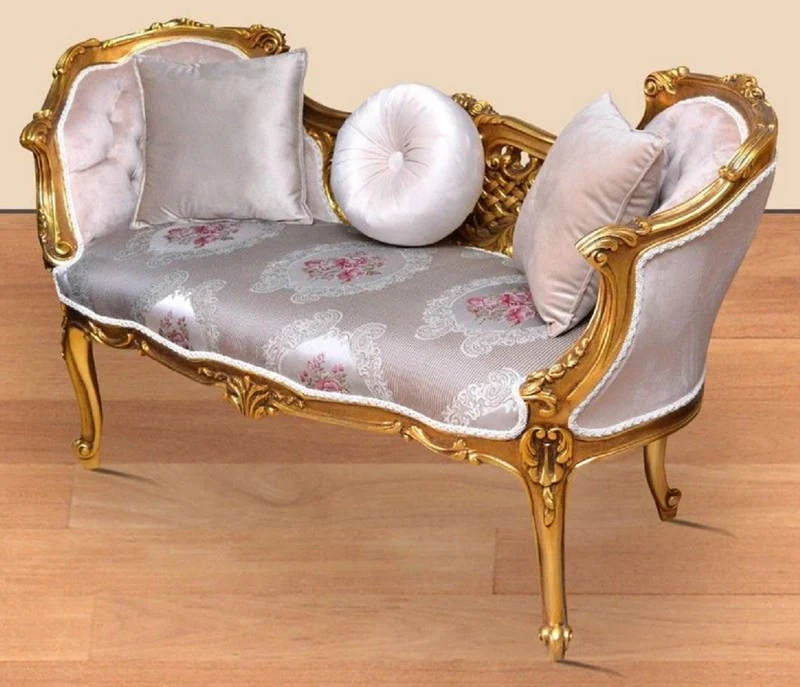 Casa Padrino Barock Sitzbank Silber / Rosa / Gold 150 x 55 x H. 80 cm - Prunkvolle Massivholz Bank mit edlem Blumenmuster - Barock Möbel