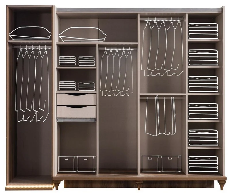 Casa Padrino Luxus Art Deco Schlafzimmerschrank Weiß / Braun 261 x 73 x H. 221 cm - Verspiegelter Massivholz Kleiderschrank - Art Deco Schlafzimmer Möbel