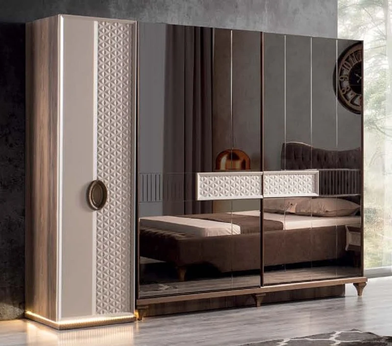 Casa Padrino Luxus Art Deco Schlafzimmerschrank Weiß / Braun 261 x 73 x H. 221 cm - Verspiegelter Massivholz Kleiderschrank - Art Deco Schlafzimmer Möbel