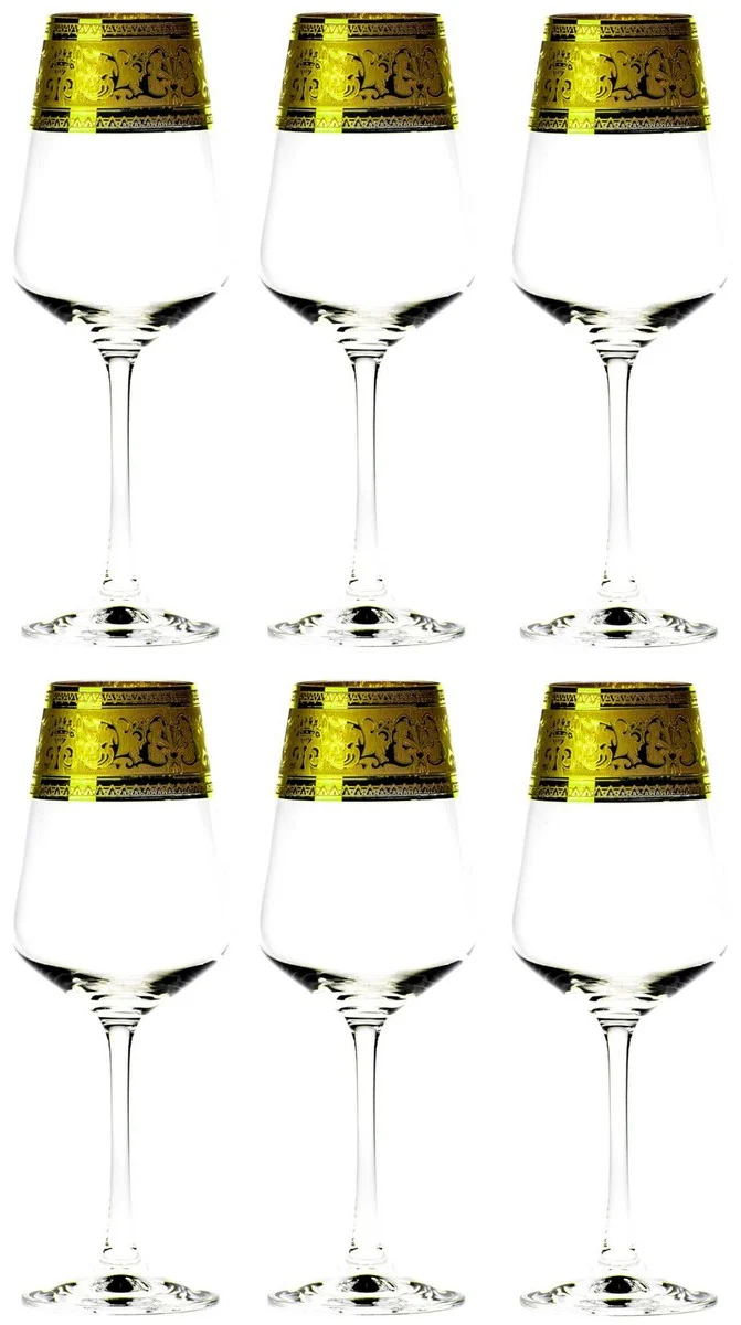 Casa Padrino Luxus Barock Weißweinglas 6er Set Gold Ø 8 x H. 21,5 cm - Handgefertigte und handgravierte Weingläser - Hotel & Restaurant Accessoires - Luxus Qualität