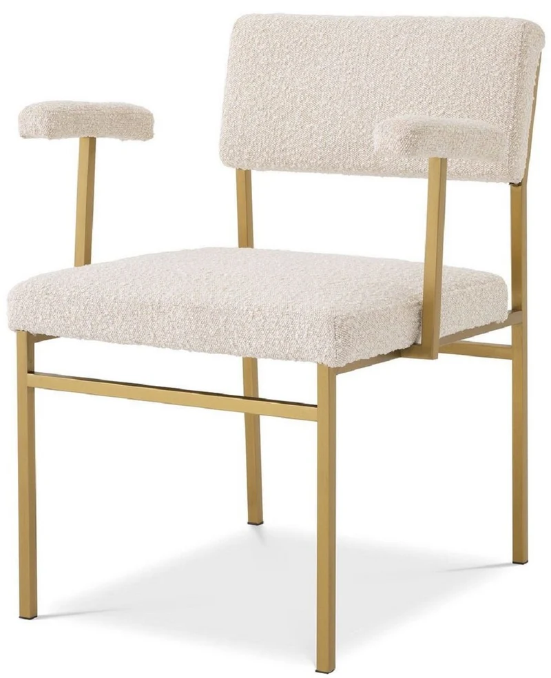 Casa Padrino Luxus Esszimmerstuhl Creme / Messingfarben 64 x 67 x H. 84 cm - Edler Küchenstuhl mit Armlehnen - Luxus Esszimmer Möbel