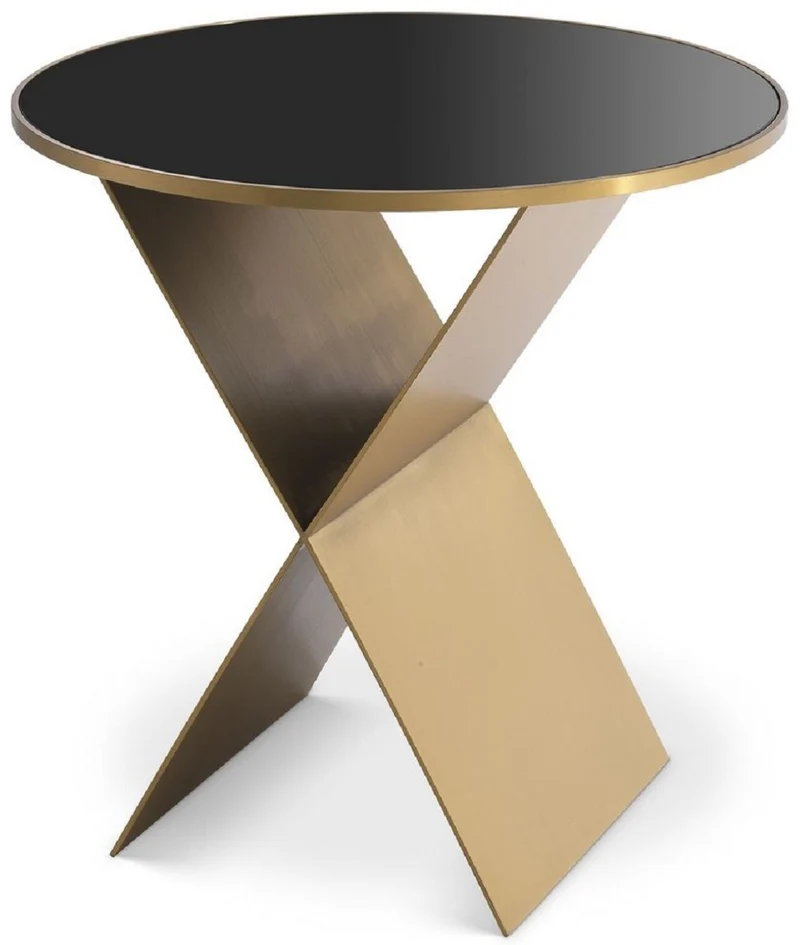 Casa Padrino Luxus Beistelltisch Messingfarben / Schwarz Ø 50 x H. 50 cm - Runder Edelstahl Tisch mit Glasplatte - Wohnzimmer Möbel - Luxus Kollektion