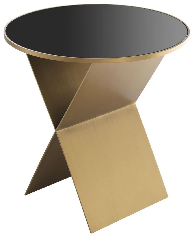 Casa Padrino Luxus Beistelltisch Messingfarben / Schwarz Ø 50 x H. 50 cm - Runder Edelstahl Tisch mit Glasplatte - Wohnzimmer Möbel - Luxus Kollektion