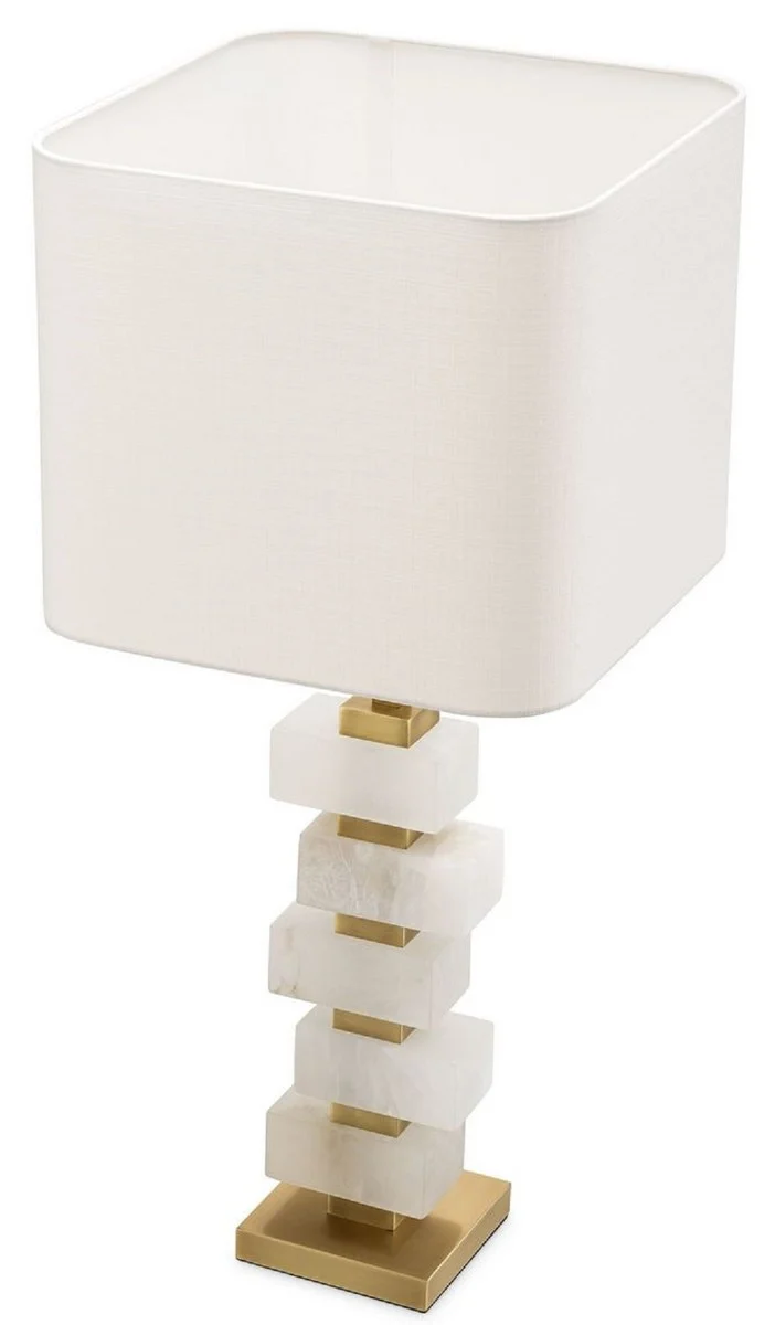 Casa Padrino Luxus Tischleuchte Antik Messing / Alabaster / Weiß 35 x 35 x H. 79,5 cm - Moderne Metall Schreibtischleuchte mit dekorativem Alabaster - Luxus Qualität