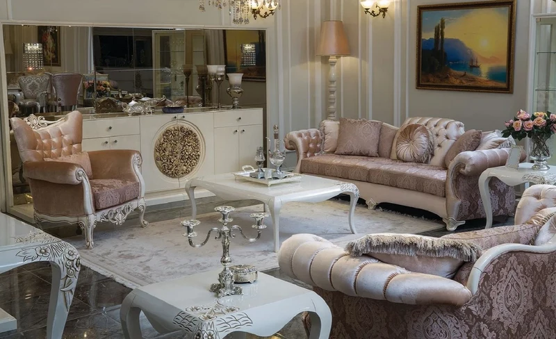 Casa Padrino Luxus Barock Wohnzimmer Sofa Rosa / Lila / Weiß / Beige 265 x 97 x H. 84 cm - Massivholz Sofa mit elegantem Muster und dekorativen Kissen - Wohnzimmer Möbel im Barockstil
