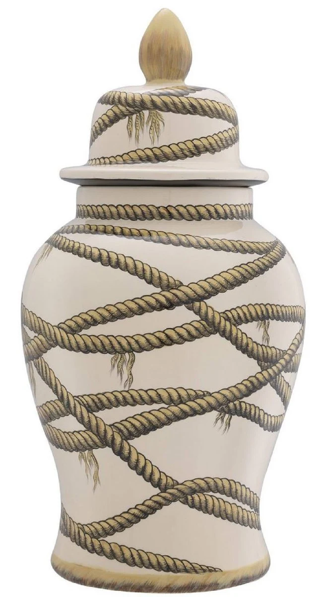 Casa Padrino Luxus Porzellan Vase Beige Ø 31 x H. 67 cm - Runde Blumenvase mit Deckel - Deko Accessoires