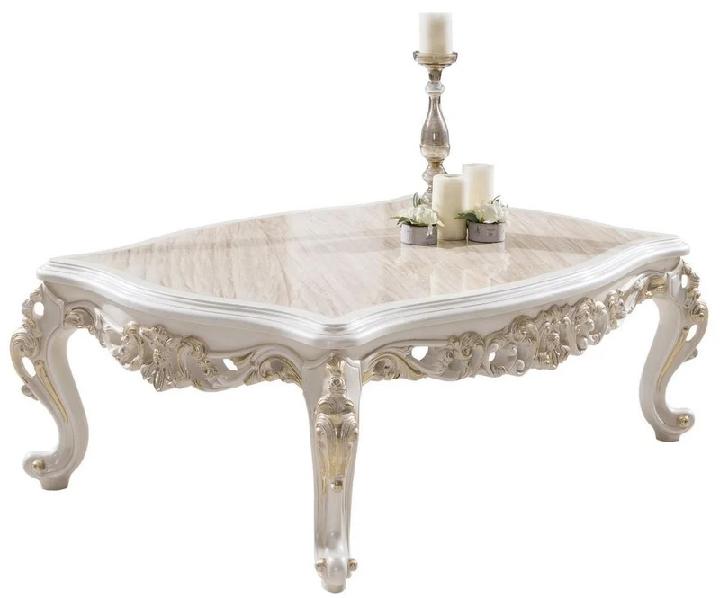 Casa Padrino Luxus Barock Couchtisch Braun / Weiß / Gold 125 x 87 x H. 48 cm - Rechteckiger Massivholz Wohnzimmertisch im Barockstil - Edle Barock Wohnzimmer Möbel
