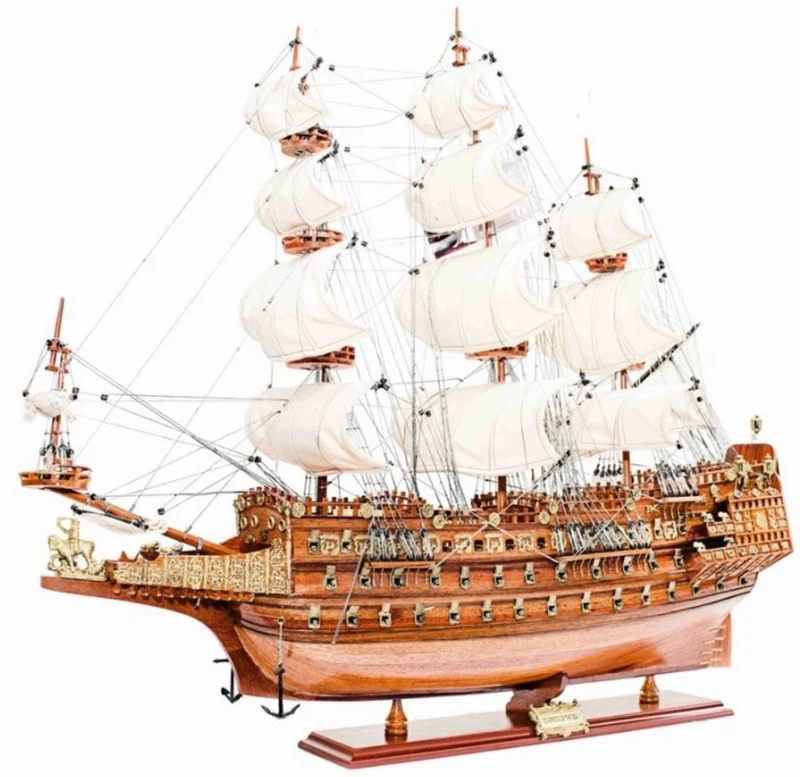 Casa Padrino Luxus Flaggschiff Sovereign of the Seas mit Massivholz Ständer Braun 95 x 30 x H. 83 cm - Handgefertigtes Deko Schiff Holzschiff Segelschiff Kriegsschiff - Deko Accessoires