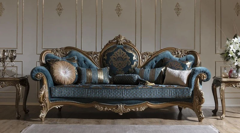 Casa Padrino Luxus Barock Sofa Blau / Gold 260 x 90 x H. 125 cm - Prunkvolles Wohnzimmer Sofa mit elegantem Muster und dekorativen Kissen - Barock Möbel