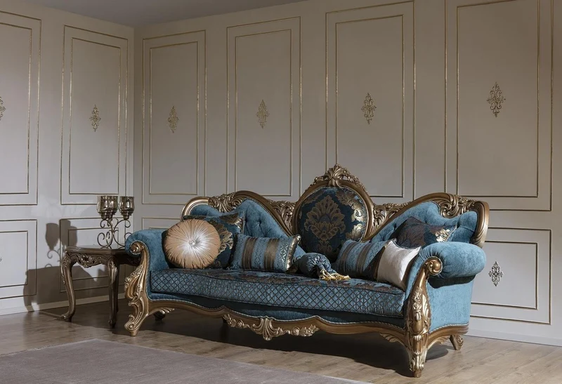 Casa Padrino Luxus Barock Sofa Blau / Gold 260 x 90 x H. 125 cm - Prunkvolles Wohnzimmer Sofa mit elegantem Muster und dekorativen Kissen - Barock Möbel
