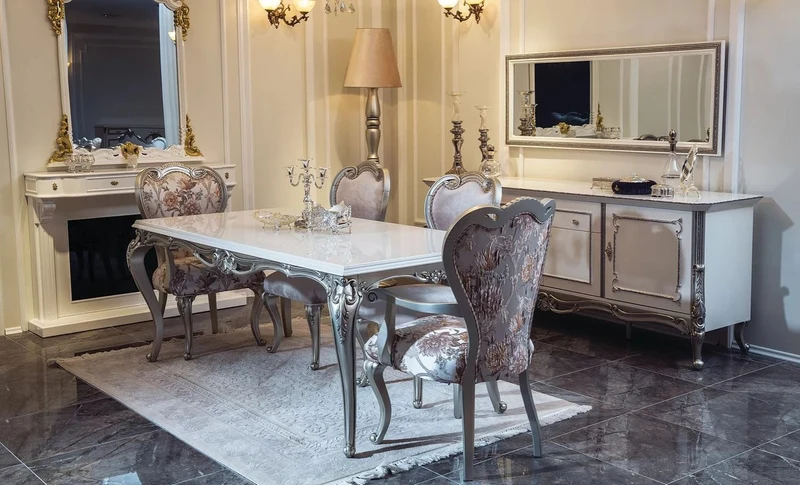 Casa Padrino Luxus Barock Esszimmer Set Rosa / Weiß / Silber - 1 Esstisch & 6 Esszimmerstühle - Esszimmer Möbel im Barockstil - Edle Barock Möbel