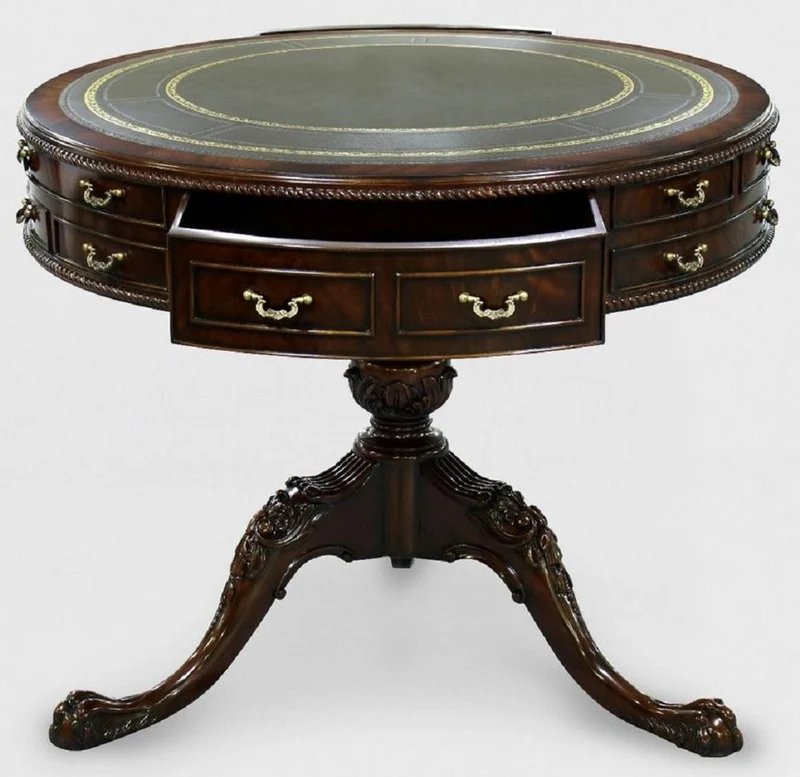 Casa Padrino Luxus Barock Beistelltisch Braun / Grün / Gold Ø 91 x H. 76 cm - Runder Mahagoni Tisch mit 14 Schubladen und Echtleder - Barock Mahagoni Möbel