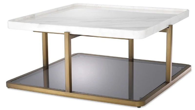 Casa Padrino Luxus Couchtisch Messingfarben / Weiß / Grau 58 x 58 x H. 27,5 cm - Moderner Edelstahl Wohnzimmertisch mit Marmorplatte und getönter Glasplatte - Luxus Möbel