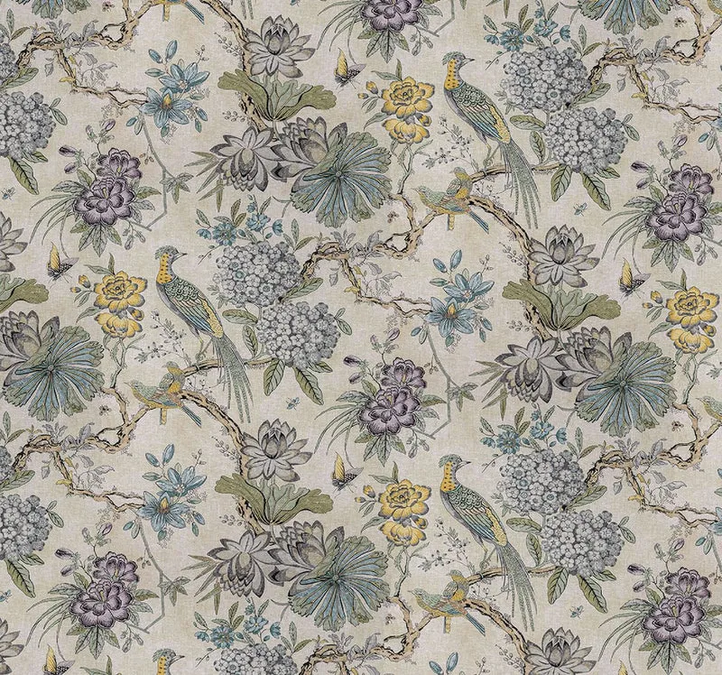 Casa Padrino Luxus Vorhang Set Blumen & Vögel Hellbeige / Mehrfarbig 250 x H. 290 cm - Bedruckte Leinen & Samt Vorhänge - Ösenvorhänge - Schiebevorhänge - Wohnzimmer Schlafzimmer Vorhänge