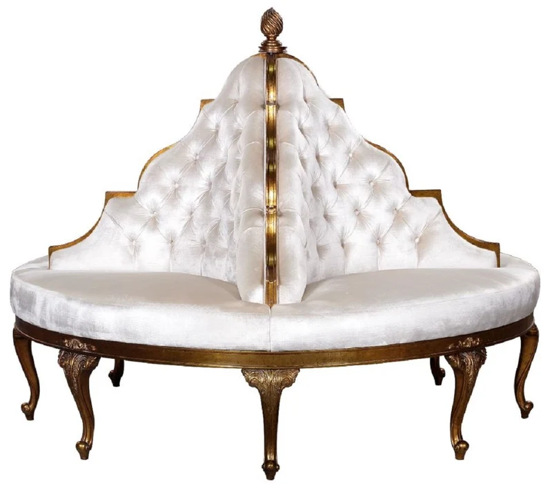 Casa Padrino Luxus Barock Rundsofa Weiß / Antik Gold - Handgefertigtes rundes Samt Sofa - Barock Hotel & Restaurant Möbel