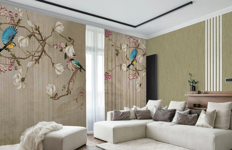 Casa Padrino Luxus Vorhang Set Vögel Beige / Mehrfarbig 250 x H. 290 cm - Bedruckte Leinen & Samt Vorhänge - Ösenvorhänge - Schiebevorhänge - Luxus Qualität
