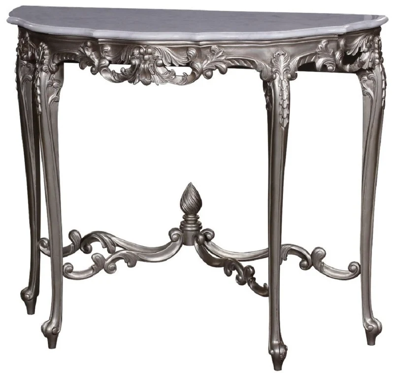 Casa Padrino Luxus Barock Konsole Silber / Weiß - Handgeferigter Massivholz Konsolentisch mit Marmorplatte - Barock Möbel