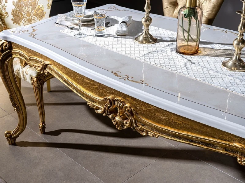 Casa Padrino Luxus Barock Esszimmer Set Weiß / Gold - 1 Esstisch & 6 Esszimmerstühle - Handgefertigte Esszimmer Möbel im Barockstil - Edel & Prunkvoll