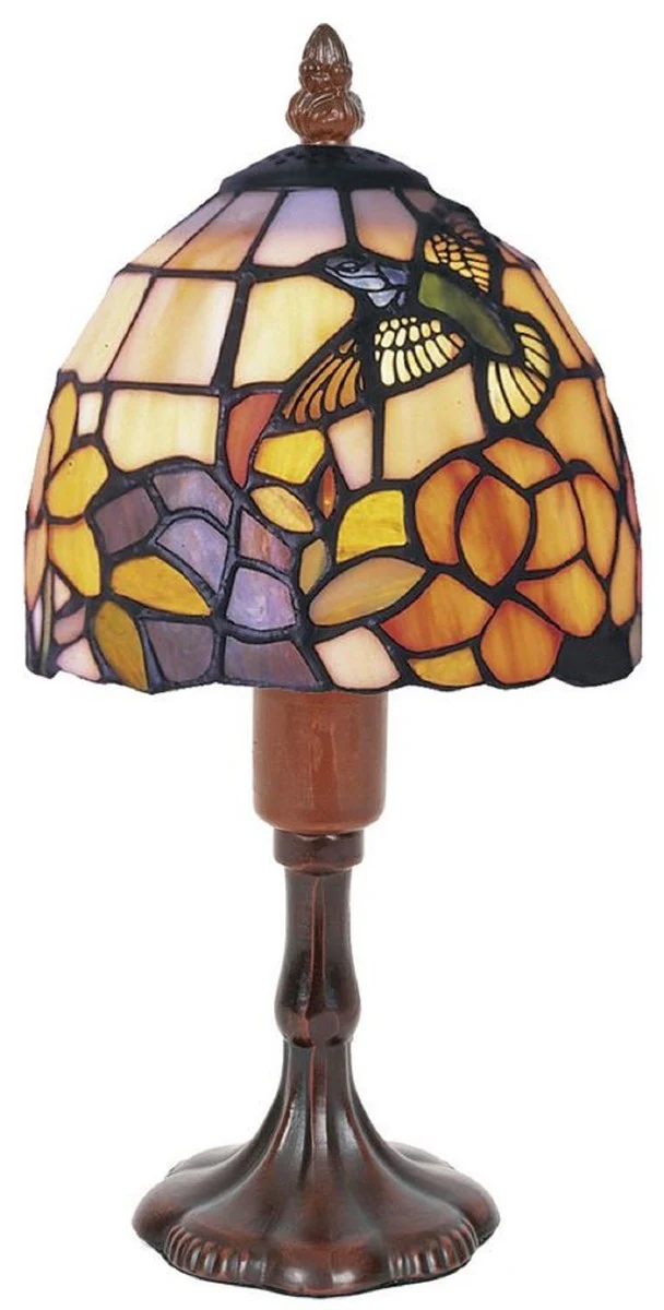Casa Padrino Luxus Tiffany Tischleuchte Mehrfarbig / Braun Ø 15 x H. 29 cm - Dekorative Tiffany Hockerleuchte mit handgefertigtem Glas Lampenschirm