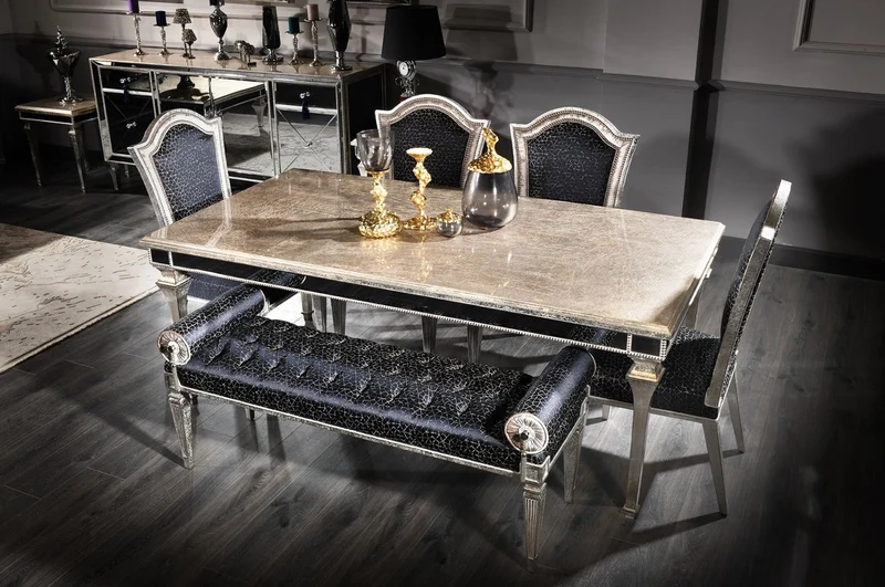 Casa Padrino Luxus Barock Esszimmer Stuhl Set Schwarz / Antik Silber 55 x 58 x H. 115 cm - Edles Küchen Stühle 6er Set - Esszimmer Möbel im Barockstil