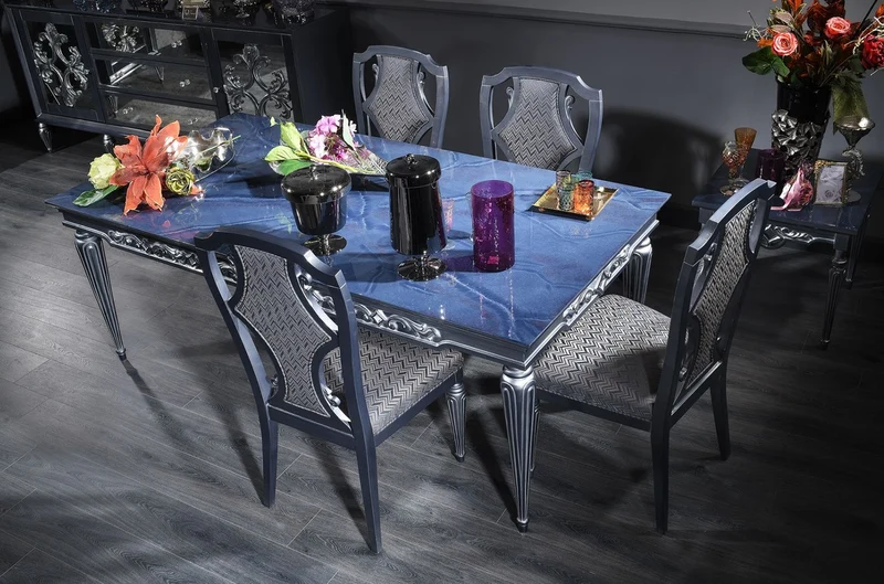 Casa Padrino Luxus Barock Esstisch Blau / Silber 209 x 104 x H. 79 cm - Edler Massivholz Küchentisch mit Glasplatte - Esszimmertisch - Esszimmer Möbel im Barockstil
