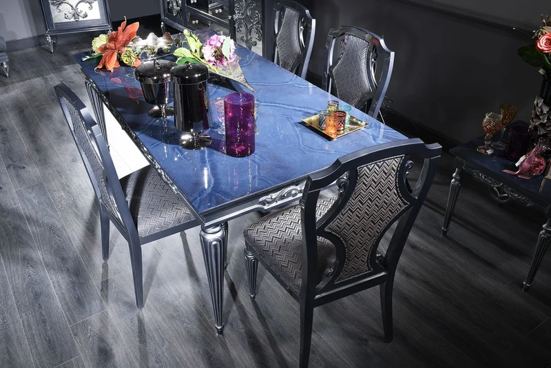 Casa Padrino Luxus Barock Esstisch Blau / Silber 209 x 104 x H. 79 cm - Edler Massivholz Küchentisch mit Glasplatte - Esszimmertisch - Esszimmer Möbel im Barockstil