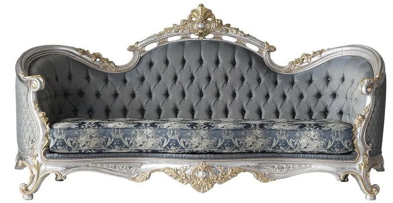 Casa Padrino Luxus Barock Wohnzimmer Set Grau / Blau / Silber / Gold - 2 Sofas & 2 Sessel & 1 Couchtisch - Prunkvolle Wohnzimmer Möbel im Barockstil