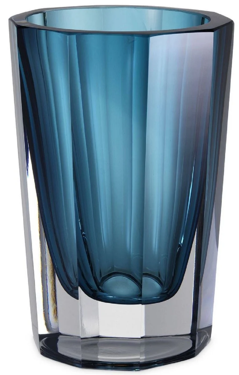 Casa Padrino Luxus Deko Glas Vase Blau Ø 12 x H. 18 cm - Elegante handgefertigte 8-eckige Blumenvase - Deko Accessoires