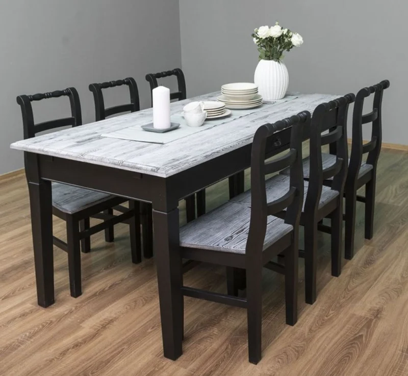 Casa Padrino Landhausstil Esszimmer Möbel Set Antik Weiß / Schwarz - 1 Esstisch & 6 Esszimmerstühle - Massivholz Esszimmer Möbel - Landhausstil Möbel